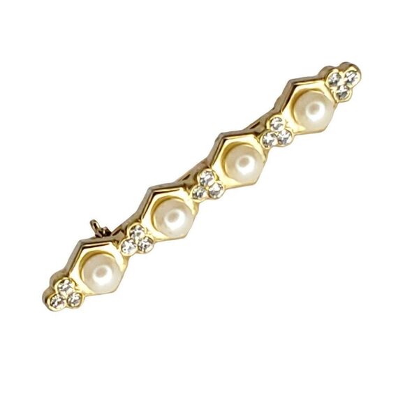 Vintage Art Deco Goldtone Faux Pearl Clear Rhinestone Brooch 2" X 1/2" - Picture 2 of 4
